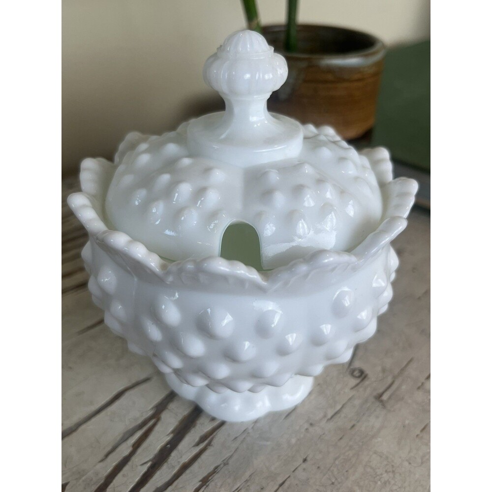 Vintage Fenton White Milk Glass Hobnail Lidded Candy Dish W/ Lid Trinket Sugar